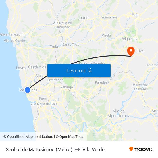 Senhor de Matosinhos (Metro) to Vila Verde map