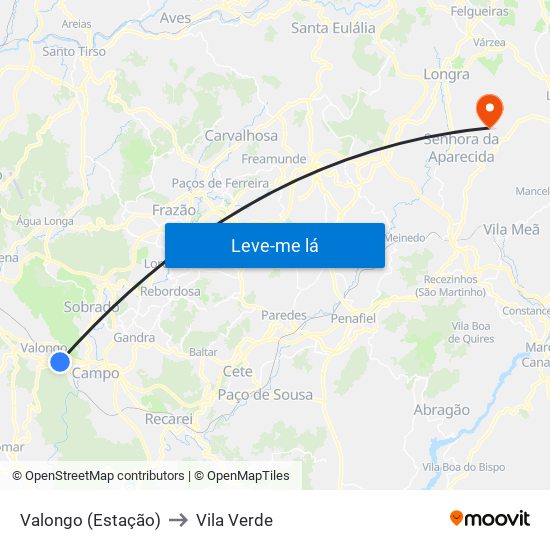 Valongo (Estação) to Vila Verde map