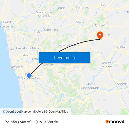 Bolhão (Metro) to Vila Verde map