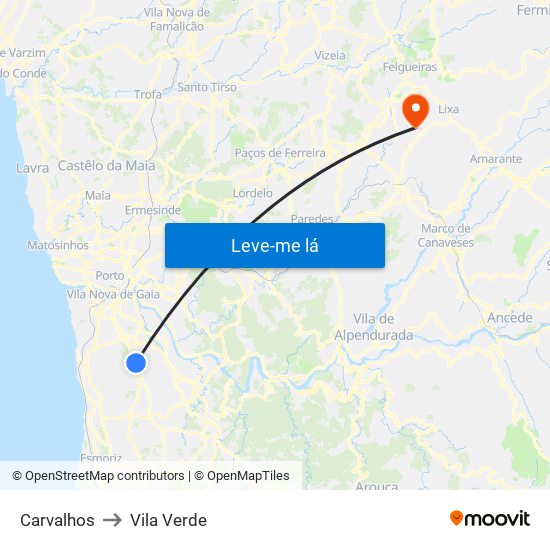 Carvalhos to Vila Verde map