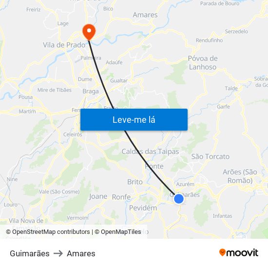 Guimarães to Amares map