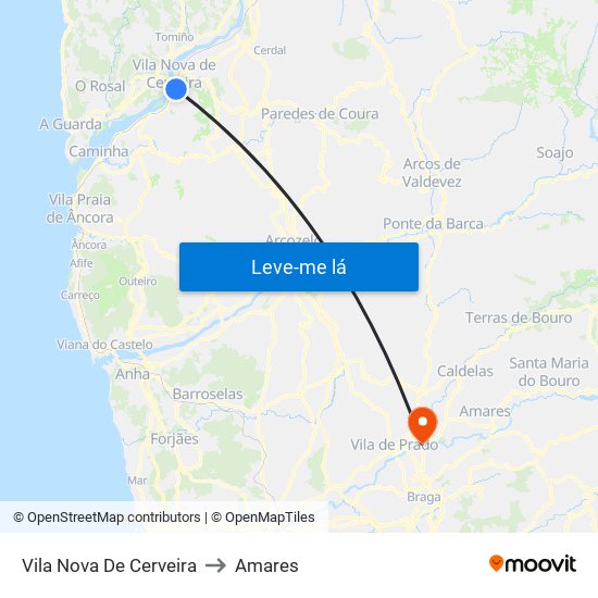 Vila Nova De Cerveira to Amares map