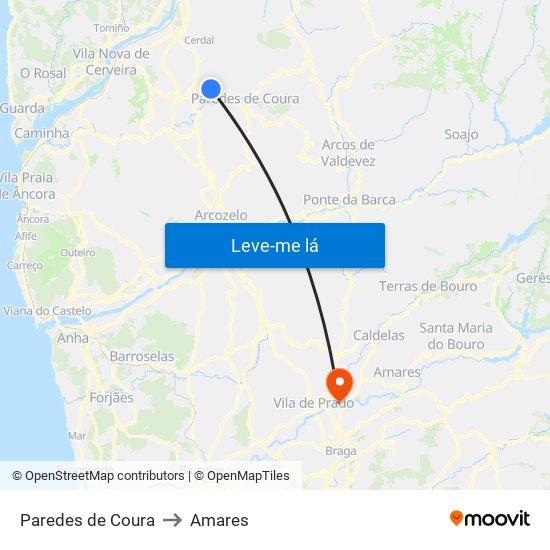 Paredes de Coura to Amares map