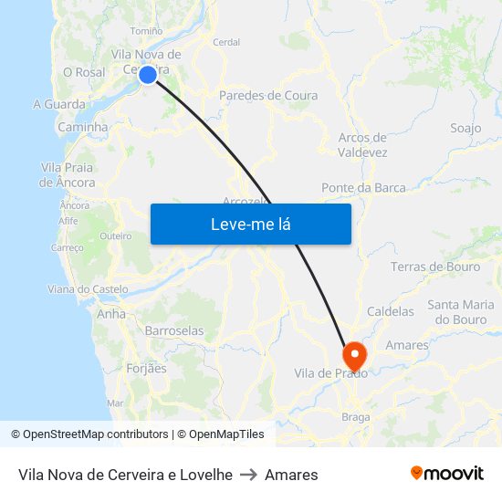 Vila Nova de Cerveira e Lovelhe to Amares map