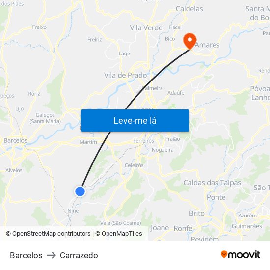 Barcelos to Carrazedo map