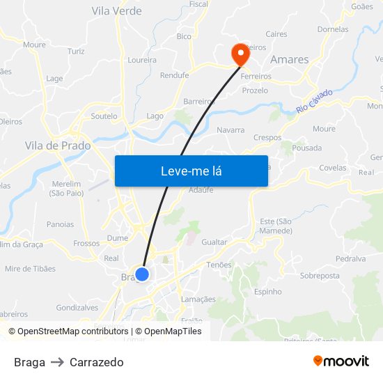 Braga to Carrazedo map