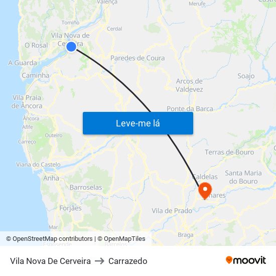 Vila Nova De Cerveira to Carrazedo map