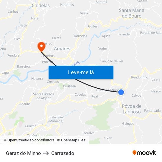 Geraz do Minho to Carrazedo map