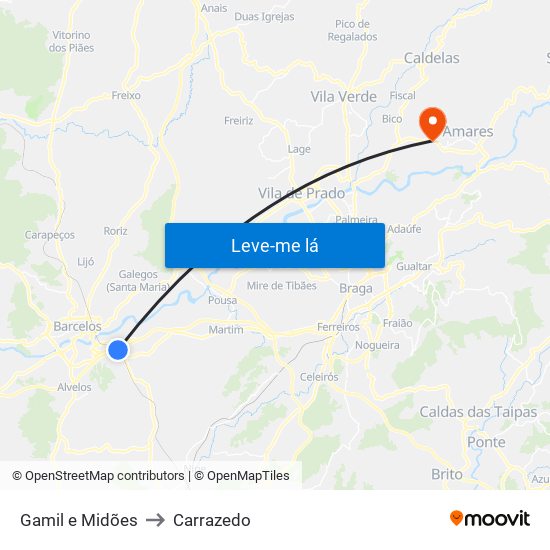 Gamil e Midões to Carrazedo map