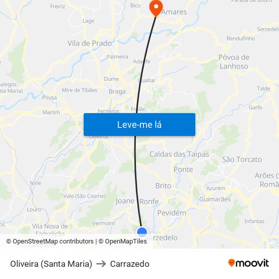 Oliveira (Santa Maria) to Carrazedo map