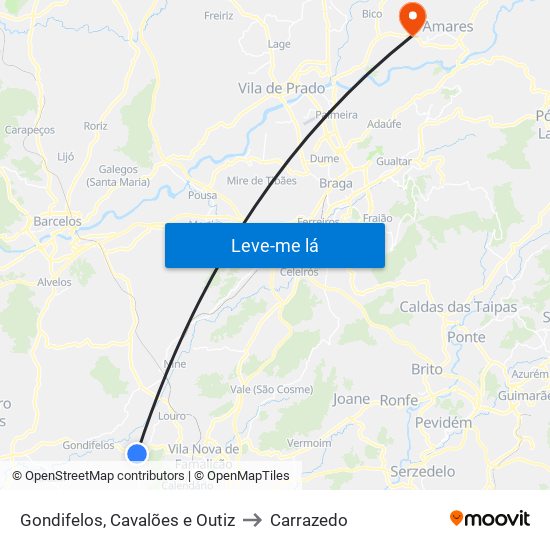 Gondifelos, Cavalões e Outiz to Carrazedo map