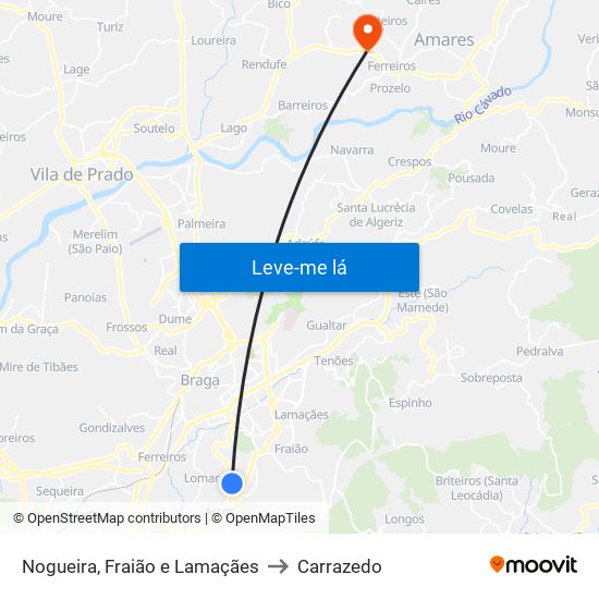 Nogueira, Fraião e Lamaçães to Carrazedo map