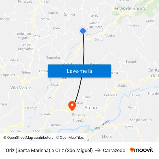 Oriz (Santa Marinha) e Oriz (São Miguel) to Carrazedo map