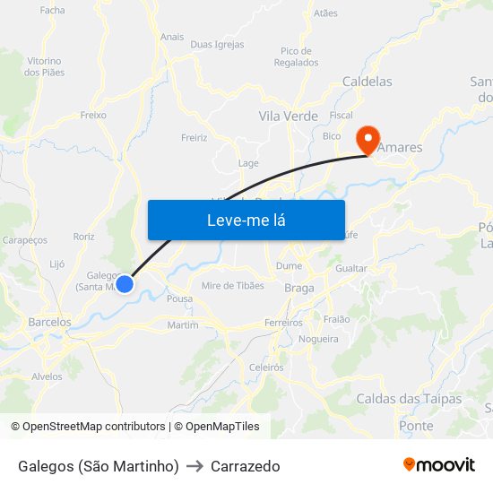 Galegos (São Martinho) to Carrazedo map