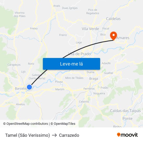 Tamel (São Veríssimo) to Carrazedo map