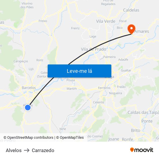 Alvelos to Carrazedo map