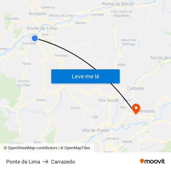 Ponte de Lima to Carrazedo map