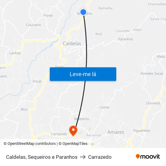 Caldelas, Sequeiros e Paranhos to Carrazedo map