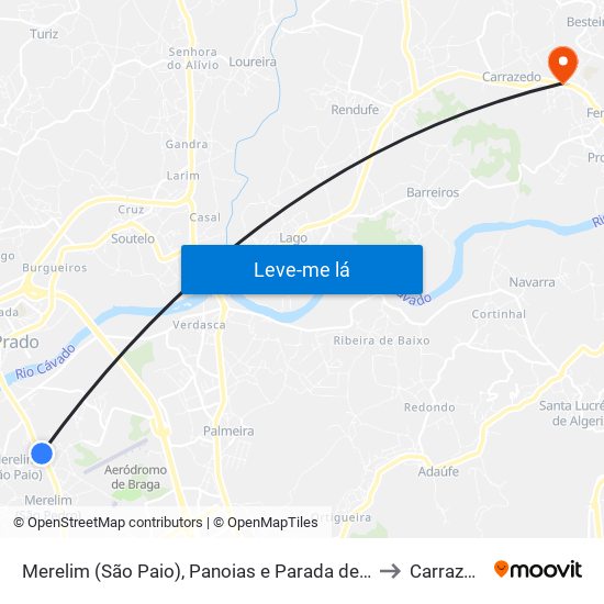 Merelim (São Paio), Panoias e Parada de Tibães to Carrazedo map