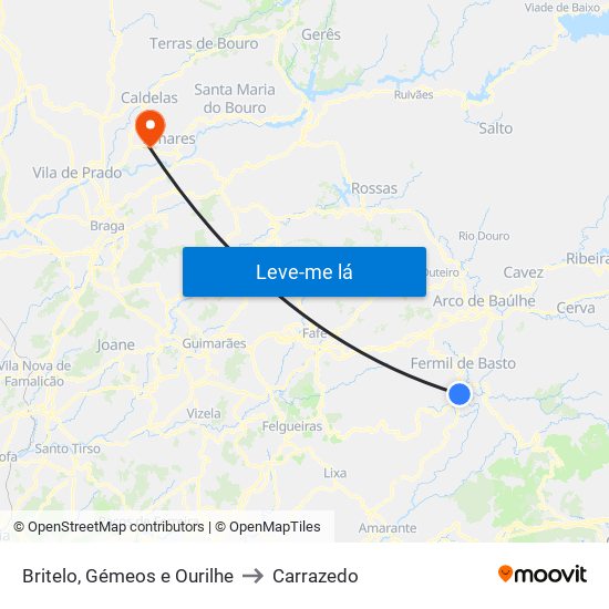 Britelo, Gémeos e Ourilhe to Carrazedo map