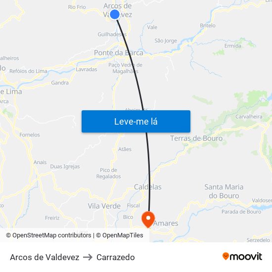 Arcos de Valdevez to Carrazedo map