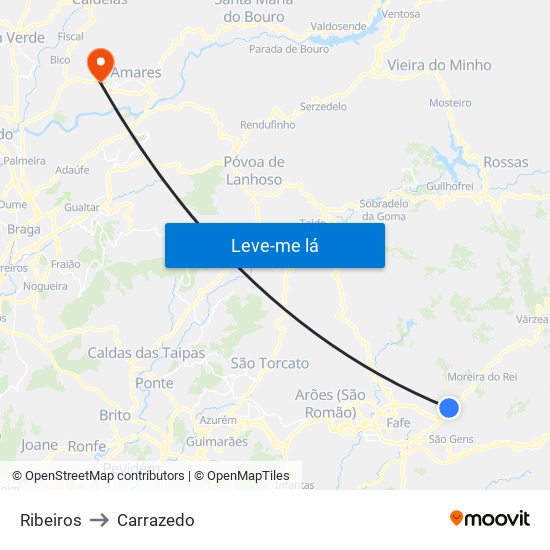 Ribeiros to Carrazedo map
