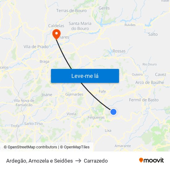 Ardegão, Arnozela e Seidões to Carrazedo map