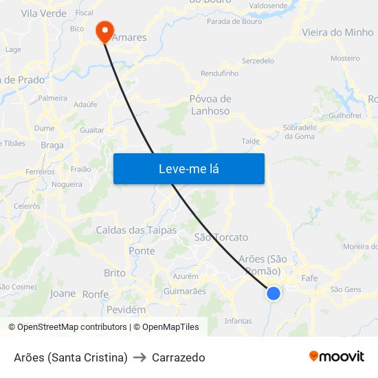 Arões (Santa Cristina) to Carrazedo map