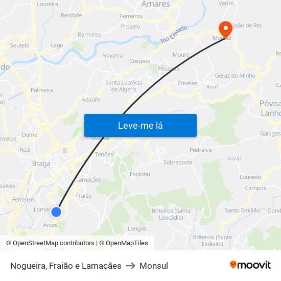 Nogueira, Fraião e Lamaçães to Monsul map