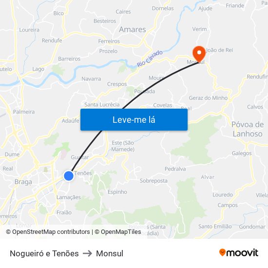 Nogueiró e Tenões to Monsul map