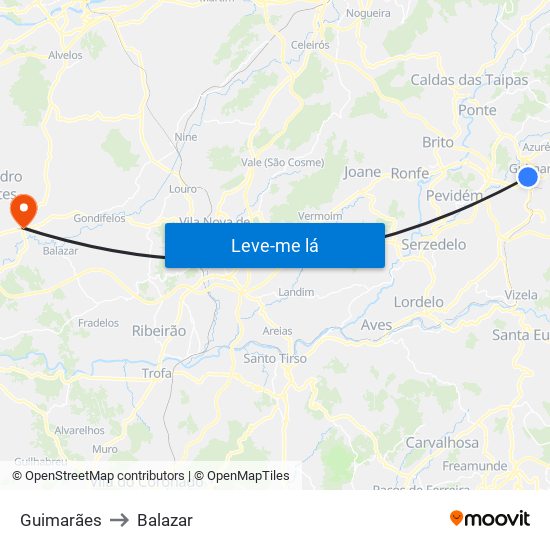 Guimarães to Balazar map
