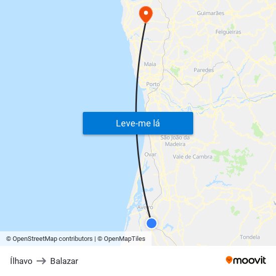 Ílhavo to Balazar map