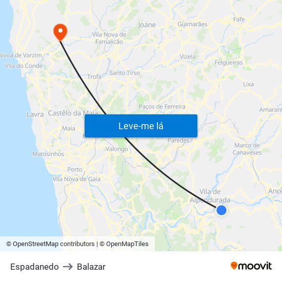 Espadanedo to Balazar map