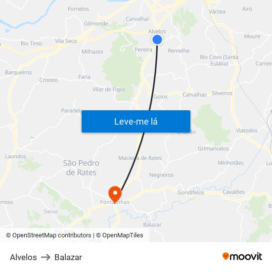 Alvelos to Balazar map