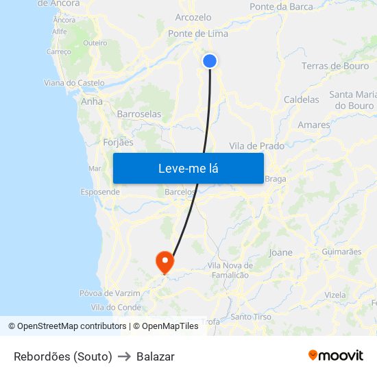 Rebordões (Souto) to Balazar map