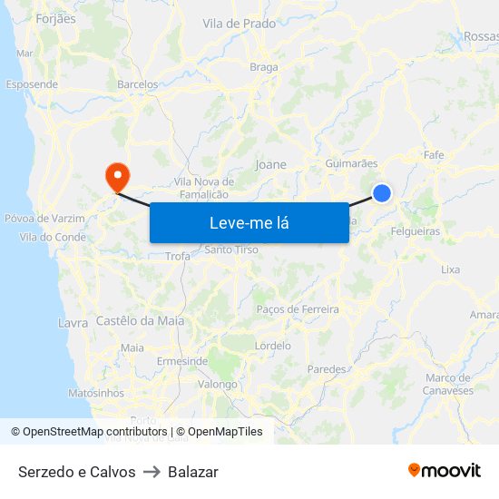 Serzedo e Calvos to Balazar map