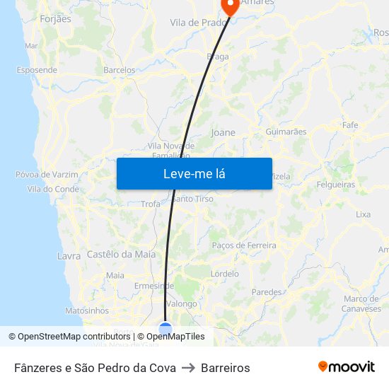 Fânzeres e São Pedro da Cova to Barreiros map
