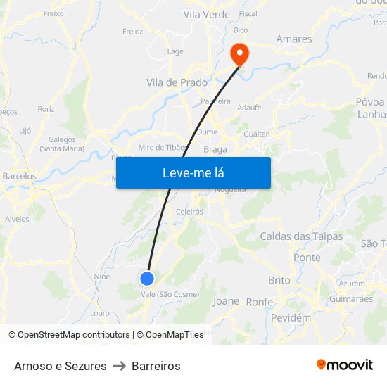 Arnoso e Sezures to Barreiros map