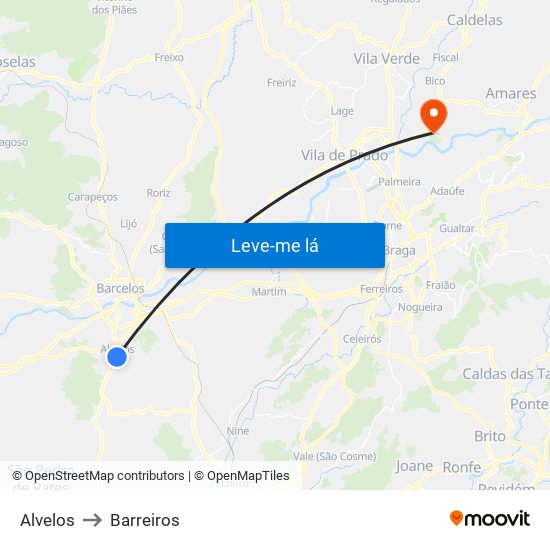 Alvelos to Barreiros map