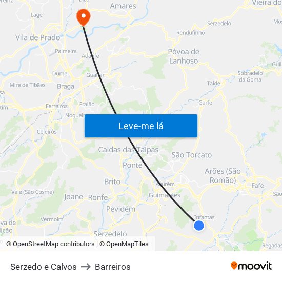 Serzedo e Calvos to Barreiros map