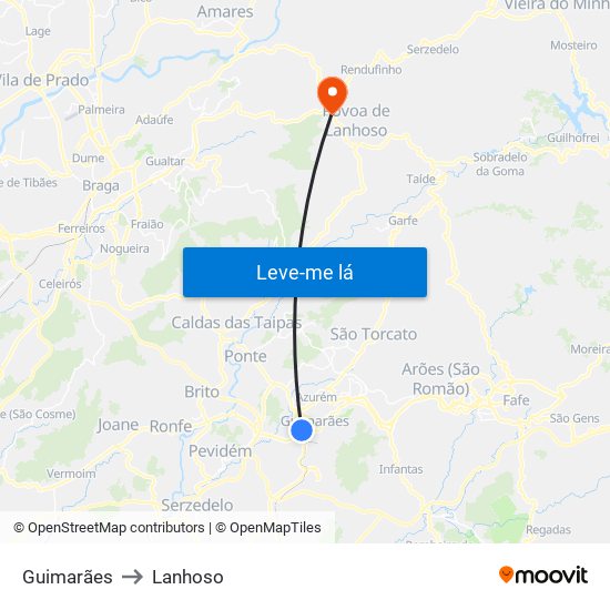 Guimarães to Lanhoso map