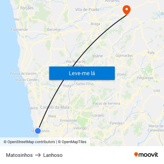 Matosinhos to Lanhoso map