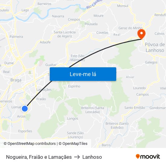 Nogueira, Fraião e Lamaçães to Lanhoso map