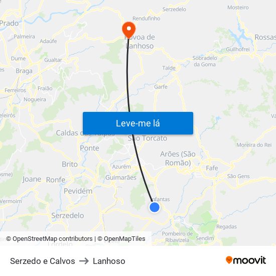 Serzedo e Calvos to Lanhoso map