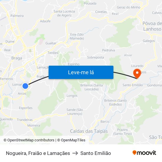 Nogueira, Fraião e Lamaçães to Santo Emilião map