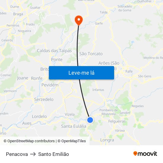 Penacova to Santo Emilião map