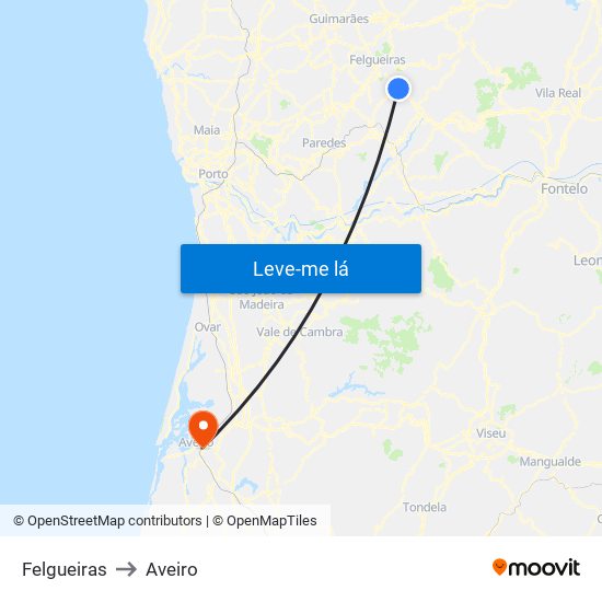 Felgueiras to Aveiro map