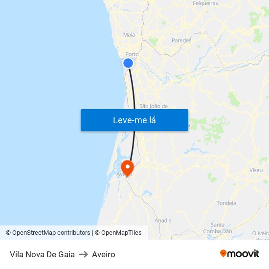 Vila Nova De Gaia to Aveiro map