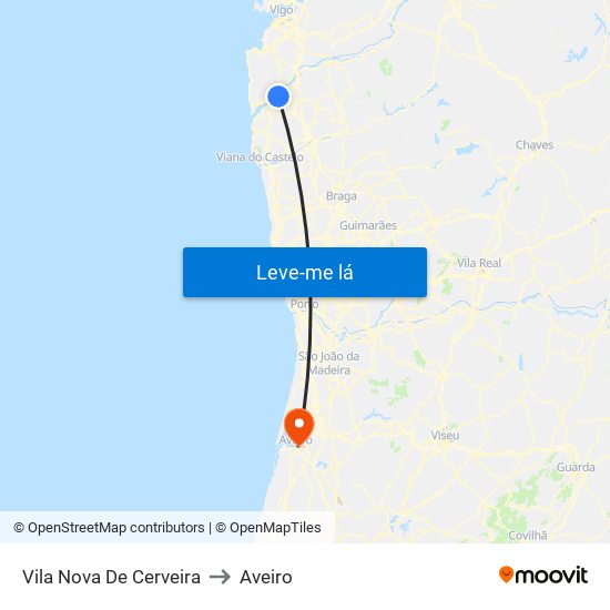 Vila Nova De Cerveira to Aveiro map