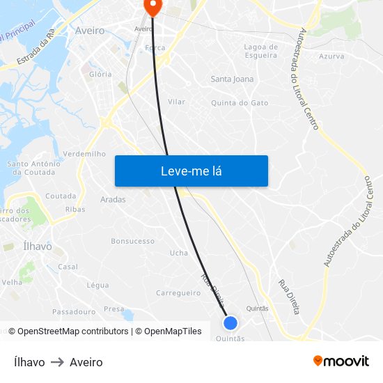 Ílhavo to Aveiro map